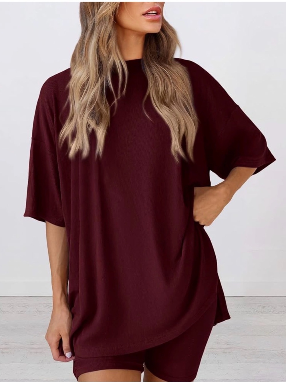 PrettyGarden Burgundy Oversized Tee & Biker Shorts Set Size Large